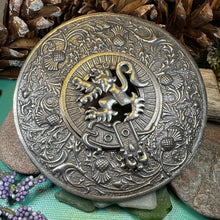 Load image into Gallery viewer, Thistle Plaid Brooch, Extra Large Celtic Pin, Scottish Lion Pin, Norse Jewelry, Wiccan Jewelry, Anniversary Gift, Kilt Pin, Men's Tartan Pin