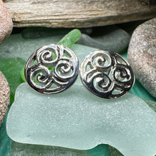 Load image into Gallery viewer, Celtic Knot Earrings, Irish Jewelry, Triple Spiral Stud Earrings, Anniversary Gift, Scottish Jewelry, Norse Jewelry, Triskel Jewelry