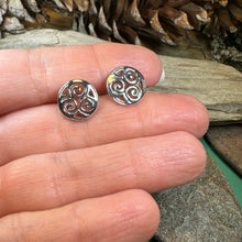 Load image into Gallery viewer, Celtic Knot Earrings, Irish Jewelry, Triple Spiral Stud Earrings, Anniversary Gift, Scottish Jewelry, Norse Jewelry, Triskel Jewelry