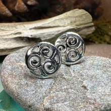 Load image into Gallery viewer, Celtic Knot Earrings, Irish Jewelry, Triple Spiral Stud Earrings, Anniversary Gift, Scottish Jewelry, Norse Jewelry, Triskel Jewelry