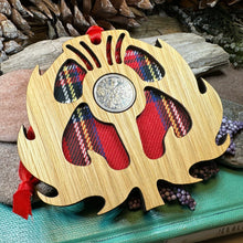 Load image into Gallery viewer, Thistle Ornament, Lucky Sixpence, Scotland Gift, Scottish Gift, Tartan Gift, Christmas Tree Ornament, Good Luck Gift, Oak Wood Plaque