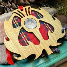 Load image into Gallery viewer, Thistle Ornament, Lucky Sixpence, Scotland Gift, Scottish Gift, Tartan Gift, Christmas Tree Ornament, Good Luck Gift, Oak Wood Plaque