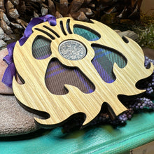 Load image into Gallery viewer, Thistle Ornament, Lucky Sixpence, Scotland Gift, Scottish Gift, Tartan Gift, Christmas Tree Ornament, Good Luck Gift, Oak Wood Plaque