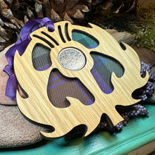 Load image into Gallery viewer, Thistle Ornament, Lucky Sixpence, Scotland Gift, Scottish Gift, Tartan Gift, Christmas Tree Ornament, Good Luck Gift, Oak Wood Plaque