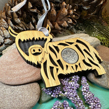Load image into Gallery viewer, Highland Cow Ornament, Lucky Sixpence, Scotland Gift, Scottish Cow, Tartan Gift, Christmas Tree Ornament, Good Luck Gift, Oak Wood Plaque