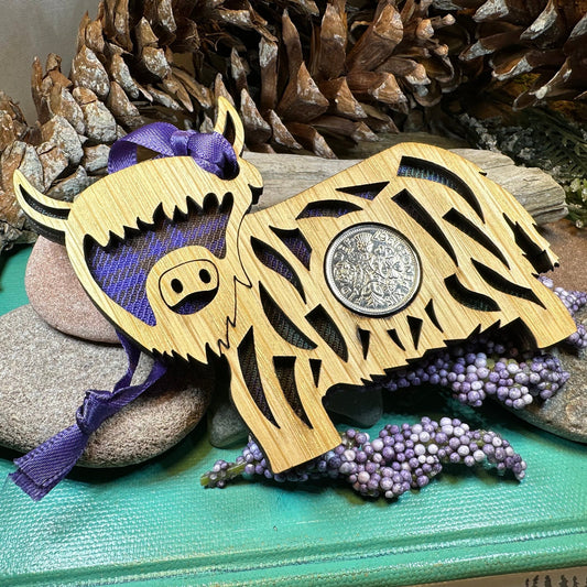 Highland Cow Ornament, Lucky Sixpence, Scotland Gift, Scottish Cow, Tartan Gift, Christmas Tree Ornament, Good Luck Gift, Oak Wood Plaque