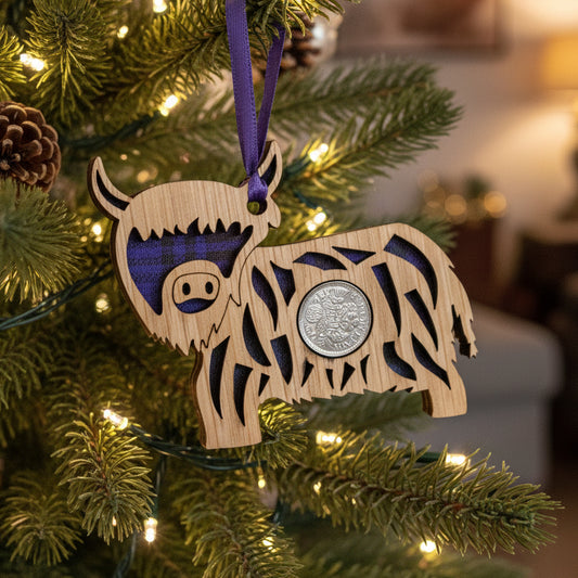 Tartan Highland Cow Lucky Sixpence Ornament — view 2