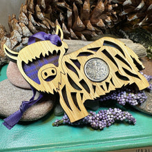 Load image into Gallery viewer, Highland Cow Ornament, Lucky Sixpence, Scotland Gift, Scottish Cow, Tartan Gift, Christmas Tree Ornament, Good Luck Gift, Oak Wood Plaque