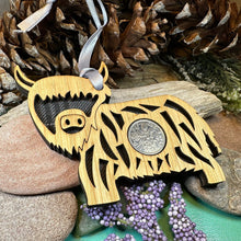 Load image into Gallery viewer, Highland Cow Ornament, Lucky Sixpence, Scotland Gift, Scottish Cow, Tartan Gift, Christmas Tree Ornament, Good Luck Gift, Oak Wood Plaque