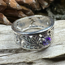 Load image into Gallery viewer, Thistle Ring, Celtic Jewelry, Scottish Jewelry, Amethyst Ring, Outlander Jewelry, Nature Ring, Thistle Jewelry, Wedding Band, Wife Gift
