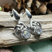 Load image into Gallery viewer, Celtic Knot Earrings, Silver Post Earrings, Irish Jewelry, Scottish Drop Earrings, Silver Ireland Gift, Scotland Gift, Diamond Earrings