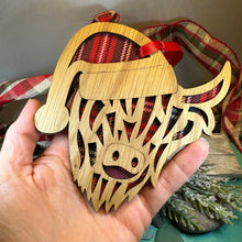 Load image into Gallery viewer, Highland Cow Ornament, Santa Christmas Ornament, Scotland Gift, Scottish Cow, Tartan Gift, Christmas Tree Ornament, Holiday Oak Wood Plaque
