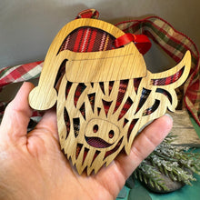 Load image into Gallery viewer, Highland Cow Ornament, Santa Christmas Ornament, Scotland Gift, Scottish Cow, Tartan Gift, Christmas Tree Ornament, Holiday Oak Wood Plaque