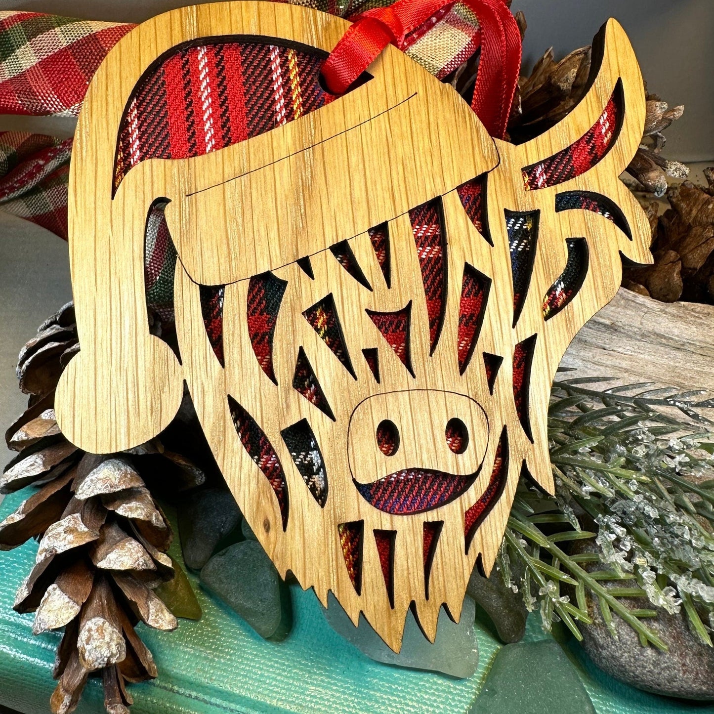 Highland Cow Ornament, Santa Christmas Ornament, Scotland Gift, Scottish Cow, Tartan Gift, Christmas Tree Ornament, Holiday Oak Wood Plaque