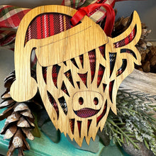 Load image into Gallery viewer, Highland Cow Ornament, Santa Christmas Ornament, Scotland Gift, Scottish Cow, Tartan Gift, Christmas Tree Ornament, Holiday Oak Wood Plaque