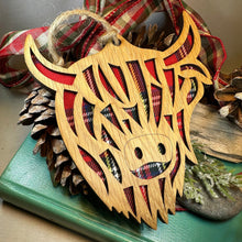 Load image into Gallery viewer, Highland Cow Ornament, Christmas Ornament, Scotland Gift, Scottish Cow, Tartan Gift, Christmas Tree Ornament, Holiday Gift, Oak Wood Plaque