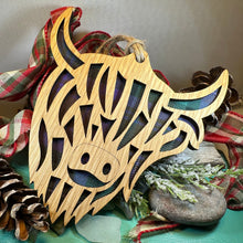 Load image into Gallery viewer, Highland Cow Ornament, Christmas Ornament, Scotland Gift, Scottish Cow, Tartan Gift, Christmas Tree Ornament, Holiday Gift, Oak Wood Plaque