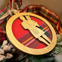 Load image into Gallery viewer, Bagpiper Ornament, Christmas Tree Ornament, Scotland Gift, Scottish Gift, Tartan Gift, Hanging Ornament, Bagpipes, Oak Wood Plaque