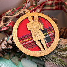 Load image into Gallery viewer, Bagpiper Ornament, Christmas Tree Ornament, Scotland Gift, Scottish Gift, Tartan Gift, Hanging Ornament, Bagpipes, Oak Wood Plaque