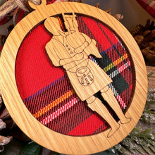 Load image into Gallery viewer, Bagpiper Ornament, Christmas Tree Ornament, Scotland Gift, Scottish Gift, Tartan Gift, Hanging Ornament, Bagpipes, Oak Wood Plaque