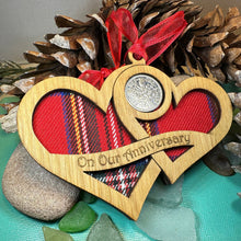 Load image into Gallery viewer, Scottish Anniversary Gift, Lucky Sixpence, Scotland Gift, Tree Ornament, Tartan Gift, Christmas Ornament, Good Luck Gift, Oak Wood Plaque