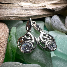 Load image into Gallery viewer, Celtic Knot Earrings, Silver Post Earrings, Irish Jewelry, Scottish Drop Earrings, Silver Ireland Gift, Scotland Gift, Diamond Earrings