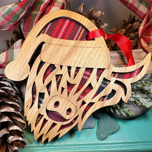 Highland Cow Ornament, Santa Christmas Ornament, Scotland Gift, Scottish Cow, Tartan Gift, Christmas Tree Ornament, Holiday Oak Wood Plaque