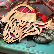 Load image into Gallery viewer, Highland Cow Ornament, Santa Christmas Ornament, Scotland Gift, Scottish Cow, Tartan Gift, Christmas Tree Ornament, Holiday Oak Wood Plaque