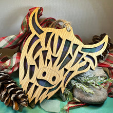 Load image into Gallery viewer, Highland Cow Ornament, Christmas Ornament, Scotland Gift, Scottish Cow, Tartan Gift, Christmas Tree Ornament, Holiday Gift, Oak Wood Plaque