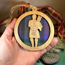 Load image into Gallery viewer, Bagpiper Ornament, Christmas Tree Ornament, Scotland Gift, Scottish Gift, Tartan Gift, Hanging Ornament, Bagpipes, Oak Wood Plaque
