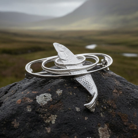 Load image into Gallery viewer, Salmon of Knowledge Brooch, Celtic Jewelry, Irish Pin, Gift for Fishing Lover, Anniversary Gift, Nature Jewelry, Realistic Fish Pin, Artisan
