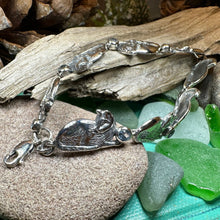 Load image into Gallery viewer, Cat Bracelet, Celtic Jewelry, Sitting Cat Bracelet, Nature Jewelry, Animal Bracelet, Blue Topaz Gift, Silver Wife Gift, Silver Link Bracelet