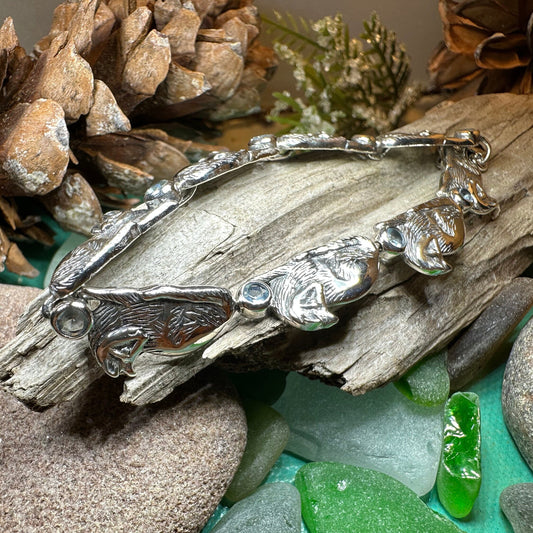 Cat Bracelet, Celtic Jewelry, Sitting Cat Bracelet, Nature Jewelry, Animal Bracelet, Blue Topaz Gift, Silver Wife Gift, Silver Link Bracelet