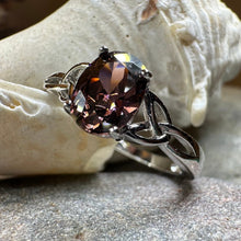Load image into Gallery viewer, Celtic Autumn Ring, Engagement Ring, Ireland Ring, Promise Ring, Trinity Knot Jewelry, Anniversary Gift, Cocktail Ring, Rhodolite Ring Large