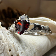 Load image into Gallery viewer, Claddagh Ring, Celtic Jewelry, Ireland Jewelry, Garnet Bridal Ring, Ireland Ring, Heart Ring, Anniversary Gift, Girlfriend Gift, Wife Gift