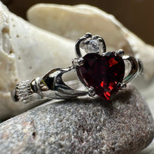 Load image into Gallery viewer, Claddagh Ring, Celtic Jewelry, Ireland Jewelry, Garnet Bridal Ring, Ireland Ring, Heart Ring, Anniversary Gift, Girlfriend Gift, Wife Gift