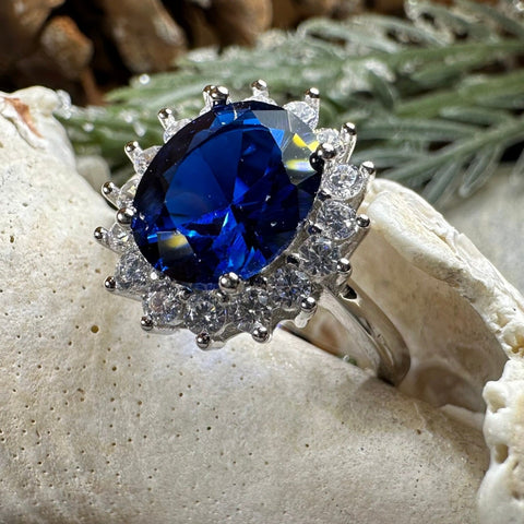 Load image into Gallery viewer, Princess Diana Sapphire Engagement Ring, Large Blue Ring, Cocktail Ring, Celtic Statement Ring, Anniversary Gift, Ladies Promise Ring