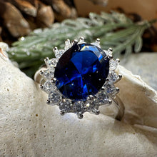 Load image into Gallery viewer, Princess Diana Sapphire Engagement Ring, Large Blue Ring, Cocktail Ring, Celtic Statement Ring, Anniversary Gift, Ladies Promise Ring