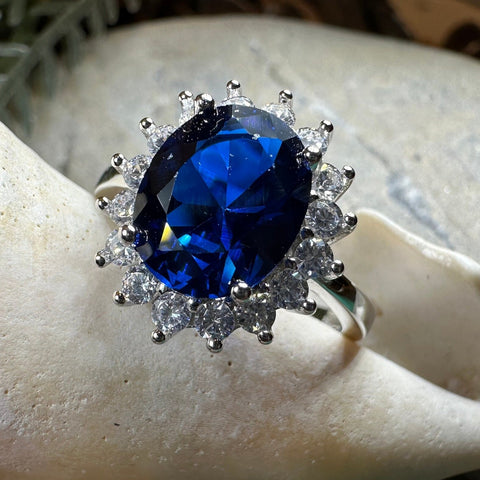 Load image into Gallery viewer, Princess Diana Sapphire Engagement Ring, Large Blue Ring, Cocktail Ring, Celtic Statement Ring, Anniversary Gift, Ladies Promise Ring