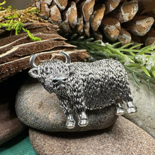 Load image into Gallery viewer, Highland Cow Brooch, Highland Coo, Scottish Pin, Anniversary Gift, Scotland Pin, Cow Lover Gift Cattle, Rancher, Silver Hairy Coo, Wife Gift
