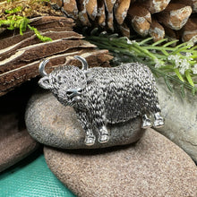 Load image into Gallery viewer, Highland Cow Brooch, Highland Coo, Scottish Pin, Anniversary Gift, Scotland Pin, Cow Lover Gift Cattle, Rancher, Silver Hairy Coo, Wife Gift