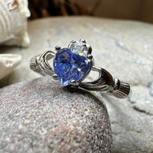 Load image into Gallery viewer, Claddagh Ring, Celtic Jewelry, Tanzanite Irish Jewelry, Bridal Gift, Irish Ring, Heart Ring, Anniversary Gift, Girlfriend Gift, Wife Gift