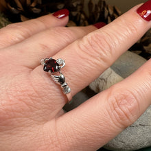 Load image into Gallery viewer, Claddagh Ring, Celtic Jewelry, Ireland Jewelry, Garnet Bridal Ring, Ireland Ring, Heart Ring, Anniversary Gift, Girlfriend Gift, Wife Gift