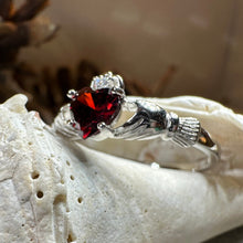 Load image into Gallery viewer, Claddagh Ring, Celtic Jewelry, Ireland Jewelry, Garnet Bridal Ring, Ireland Ring, Heart Ring, Anniversary Gift, Girlfriend Gift, Wife Gift
