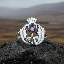 Load image into Gallery viewer, Thistle Ring, Celtic Ring, Scotland Ring, Amethyst Ring, Scottish Ring, Outlander Jewelry, Nature Ring, Thistle Jewelry, Mom Gift, Wife Gift