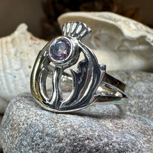Load image into Gallery viewer, Thistle Ring, Celtic Ring, Scotland Ring, Amethyst Ring, Scottish Ring, Outlander Jewelry, Nature Ring, Thistle Jewelry, Mom Gift, Wife Gift