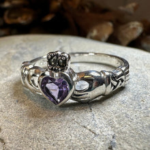 Load image into Gallery viewer, Claddagh Ring, Amethyst Celtic Ring, Irish Jewelry, Celtic Knot Jewelry, Irish Ring, Irish Dance Gift, Anniversary Gift, Bridal Ring