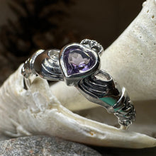 Load image into Gallery viewer, Claddagh Ring, Amethyst Celtic Ring, Irish Jewelry, Celtic Knot Jewelry, Irish Ring, Irish Dance Gift, Anniversary Gift, Bridal Ring