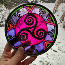 Load image into Gallery viewer, Celtic Spiral Wall Decor, Ireland Gift, Stained Glass Celtic Knot, New Home Gift, Irish Wedding Gift, Scottish Gift, Purple Celtic Swirls