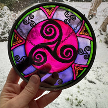 Load image into Gallery viewer, Celtic Spiral Wall Decor, Ireland Gift, Stained Glass Celtic Knot, New Home Gift, Irish Wedding Gift, Scottish Gift, Purple Celtic Swirls